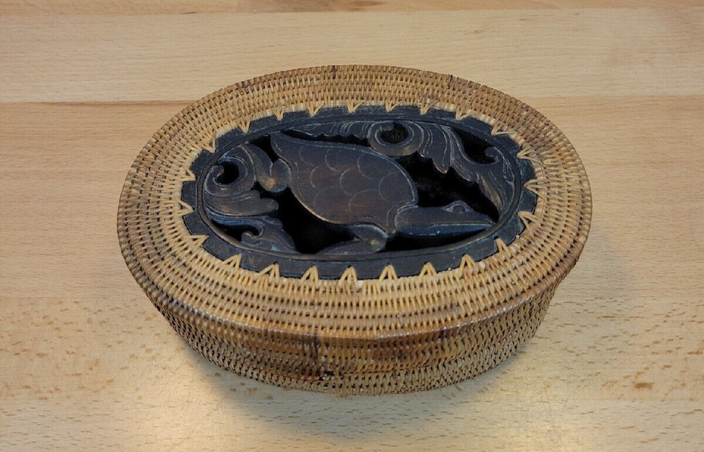 Turtle Carved Wooden Woven Rattan Basket with Lid Wood Base Trinket Box 6.5”